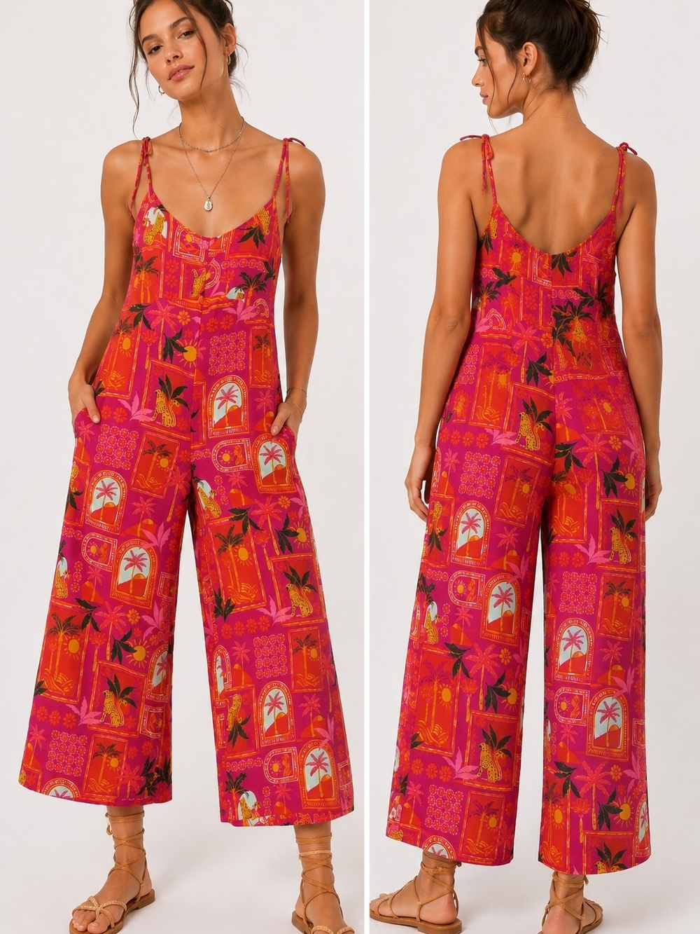 Old Navy Tropical Print Wide Leg Tie Strap Jumpsuit Women's Size S